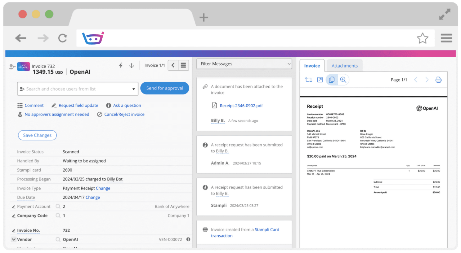 Stampli invoice-centric collaboration interface with Billy the Bot AI assistant